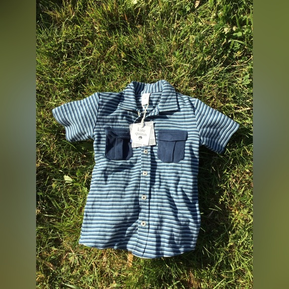 Kate Quinn Boys Blue Striped Ribbed Button Down Shirt Patch Pockets Size 5 years - Picture 1 of 3